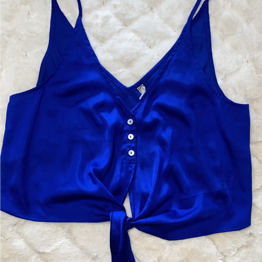 Free People Satin Tie-Front Cami in Electric Blue
